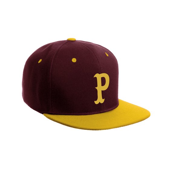 Daxton Classic Snapback Flat Bill Visor Vintage Custom Number Letter Hat Cap, Burgundy Gold Hat, Letter P