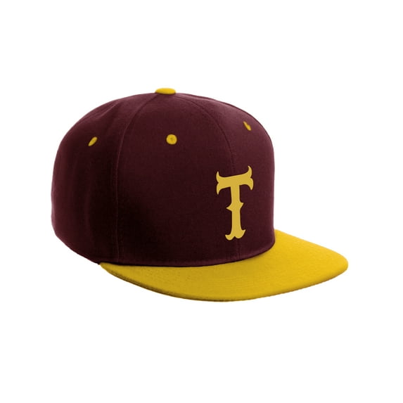Daxton Classic Snapback Flat Bill Visor Vintage Custom Number Letter Hat Cap, Burgundy Gold Hat, Letter T