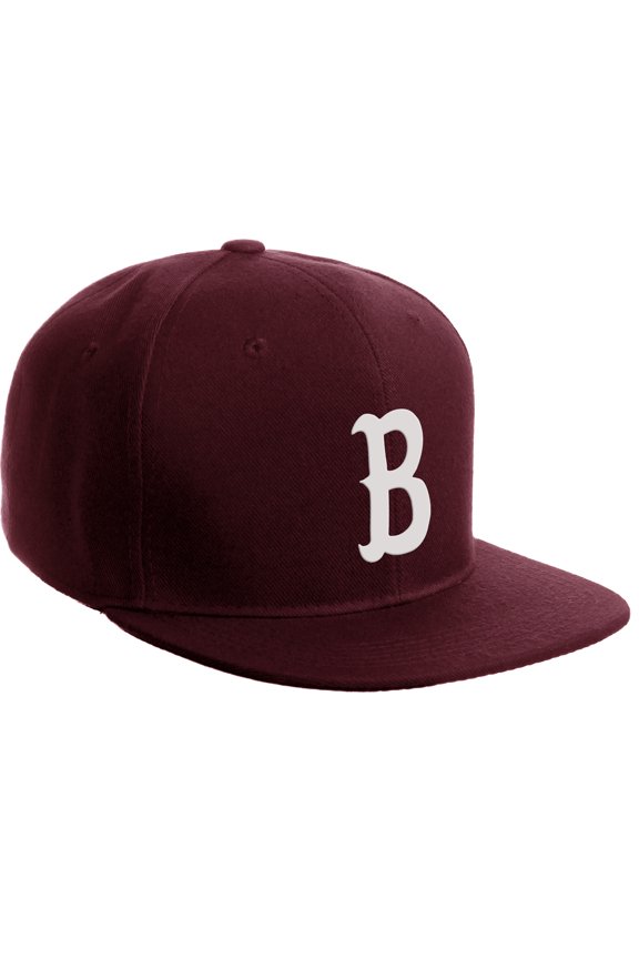 Classic Snapback Flat Bill Visor Vintage Custom Number Letter Hat Cap, Burgundy Hat, Letter B