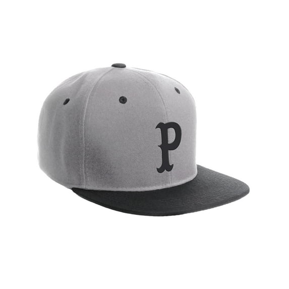Daxton Classic Snapback Flat Bill Visor Vintage Custom Number Letter Hat Cap, Grey Black Hat, Letter P