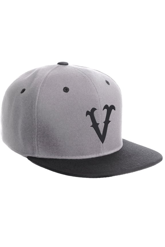 Classic Snapback Flat Bill Visor Vintage Custom Number Letter Hat Cap, Grey Black Hat, Letter V