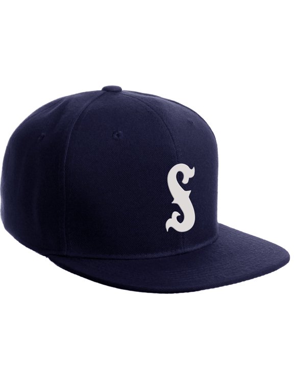 Classic Snapback Flat Bill Visor Vintage Custom Number Letter Hat Cap, Navy Hat, Letter S