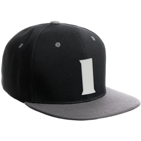 Daxton Classic Snapback Hat 3D Capital Alphabet Letters Flat Bill Visor Cap, Black Light Grey Hat White Letter I