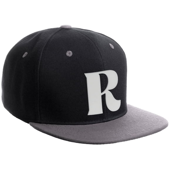 Daxton Classic Snapback Hat 3D Capital Alphabet Letters Flat Bill Visor Cap, Black Light Grey Hat White Letter R