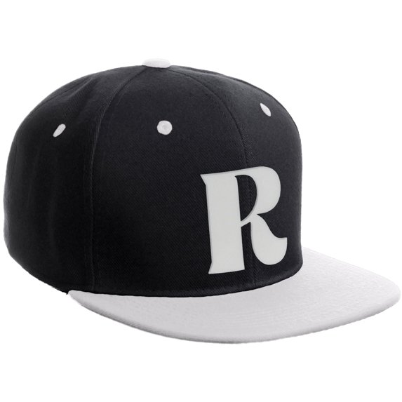 Daxton Classic Snapback Hat 3D Capital Alphabet Letters Flat Bill Visor Cap, Black White Hat White Letter R