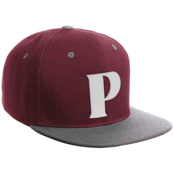 Daxton Classic Snapback Hat 3D Capital Alphabet Letters Flat Bill Visor Cap, Burgundy Light Grey Hat White Letter P
