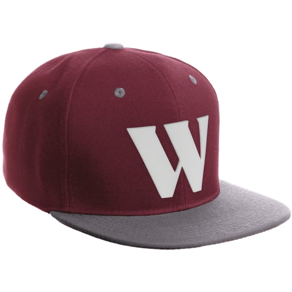 Daxton Classic Snapback Hat 3D Capital Alphabet Letters Flat Bill Visor Cap, Burgundy Light Grey Hat White Letter W