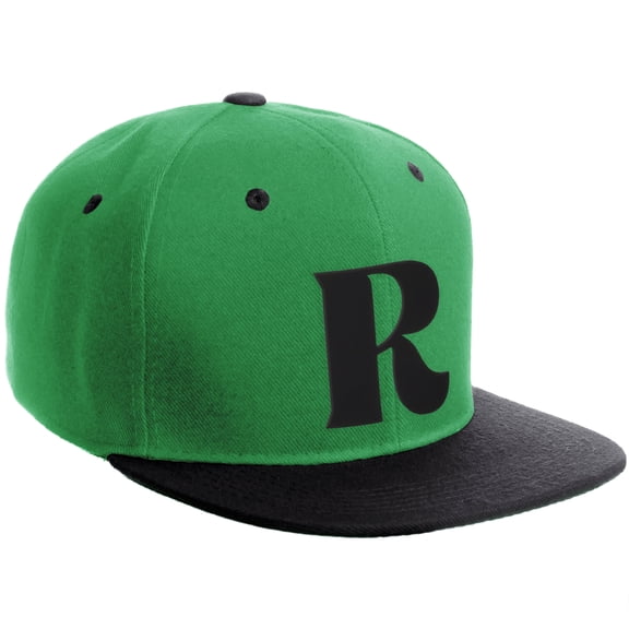 Daxton Classic Snapback Hat 3D Capital Alphabet Letters Flat Bill Visor Cap, Kelly Black Hat Black Letter R