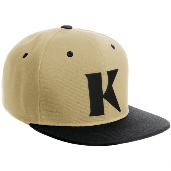 Daxton Classic Snapback Hat 3D Capital Alphabet Letters Flat Bill Visor Cap, Khaki Black Hat Black Letter K