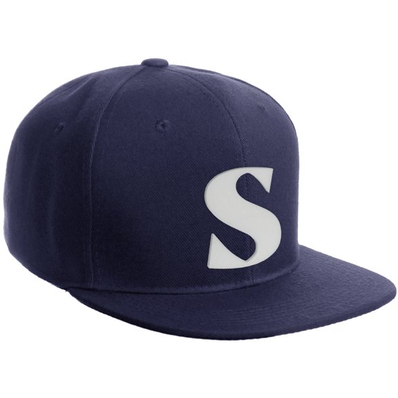 Daxton Classic Snapback Hat 3D Capital Alphabet Letters Flat Bill Visor Cap, Navy Hat White Letter S