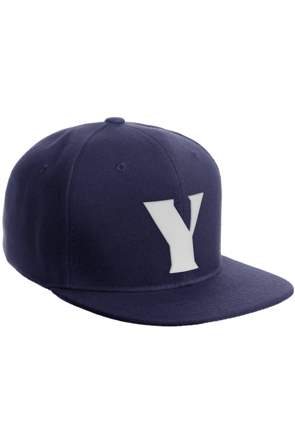 Classic Snapback Hat 3D Capital Alphabet Letters Flat Bill Visor Cap, Navy Hat White Letter Y