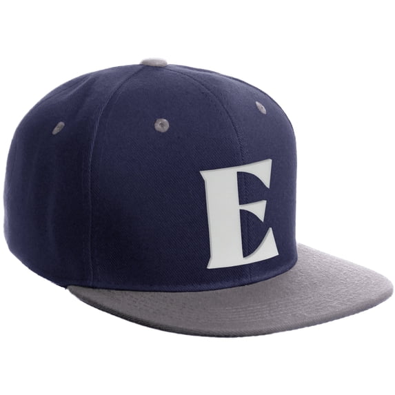 Daxton Classic Snapback Hat 3D Capital Alphabet Letters Flat Bill Visor Cap, Navy Light Grey Hat White Letter E