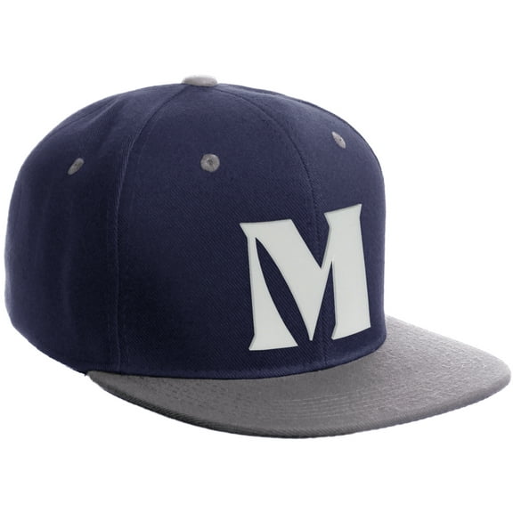 Daxton Classic Snapback Hat 3D Capital Alphabet Letters Flat Bill Visor Cap, Navy Light Grey Hat White Letter M