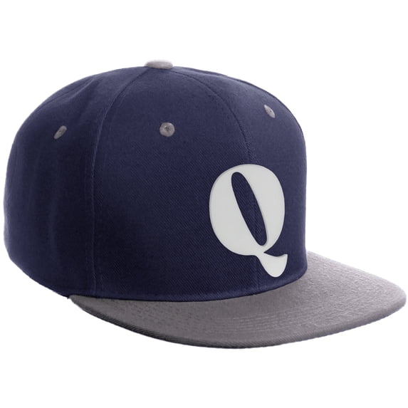 Daxton Classic Snapback Hat 3D Capital Alphabet Letters Flat Bill Visor Cap, Navy Light Grey Hat White Letter Q