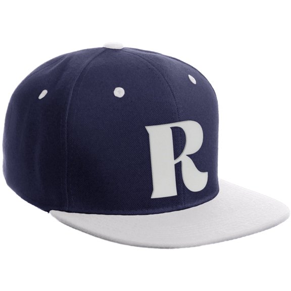 Daxton Classic Snapback Hat 3D Capital Alphabet Letters Flat Bill Visor Cap, Navy White Hat White Letter R