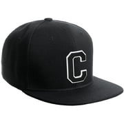 Daxton Classic Snapback Hat Custom A to Z Initial Varsity Letters, Black Black Hat White Black Letter C