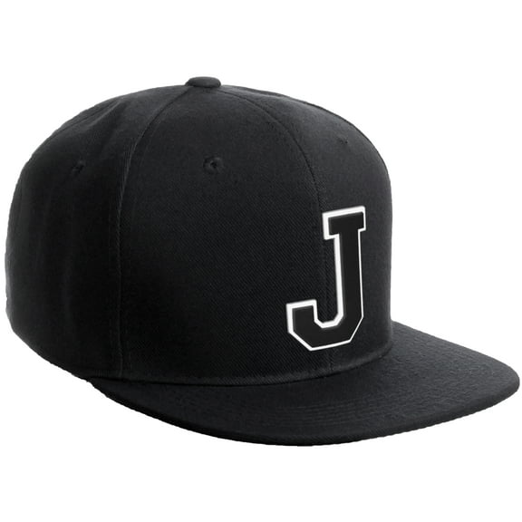 Daxton Classic Snapback Hat Custom A to Z Initial Varsity Letters, Black Black Hat White Black Letter J