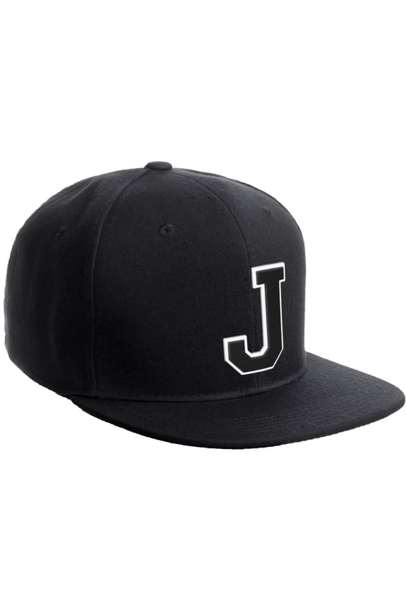 Classic Snapback Hat Custom A to Z Initial Varsity Letters, Black Black Hat White Black Letter J