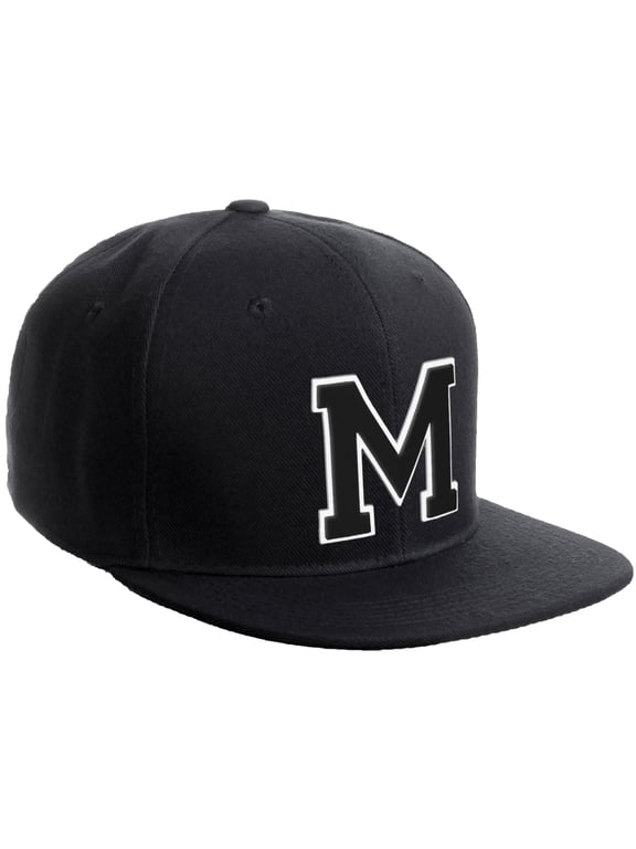 Classic Snapback Hat Custom A to Z Initial Varsity Letters, Black Black Hat White Black Letter M