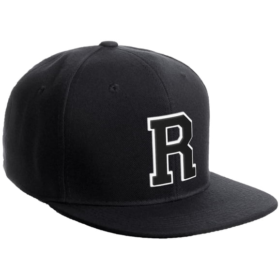 Daxton Classic Snapback Hat Custom A to Z Initial Varsity Letters, Black Black Hat White Black Letter R