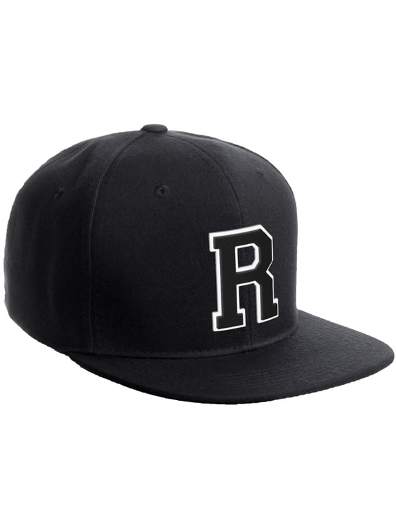 Classic Snapback Hat Custom A to Z Initial Varsity Letters, Black Black Hat White Black Letter R