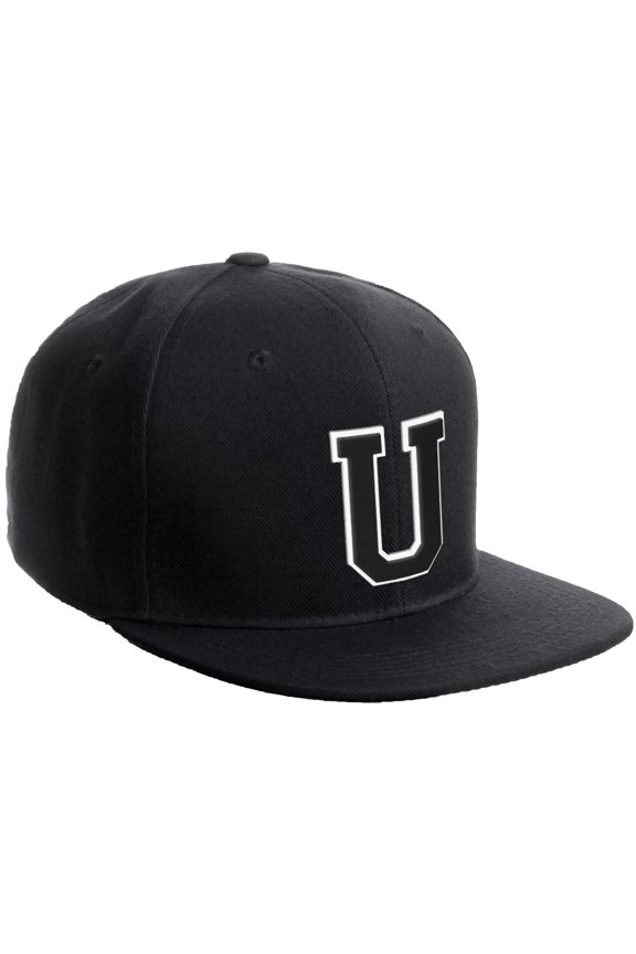 Classic Snapback Hat Custom A to Z Initial Varsity Letters, Black Black Hat White Black Letter U