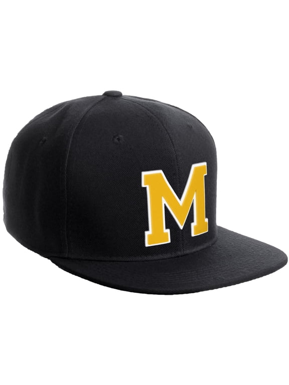 Classic Snapback Hat Custom A to Z Initial Varsity Letters, Black Black Hat White Gold Letter M