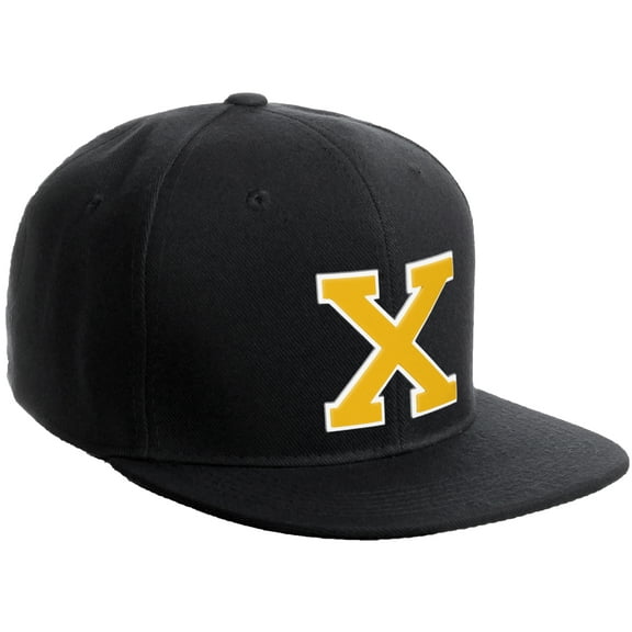 Daxton Classic Snapback Hat Custom A to Z Initial Varsity Letters, Black Black Hat White Gold Letter X