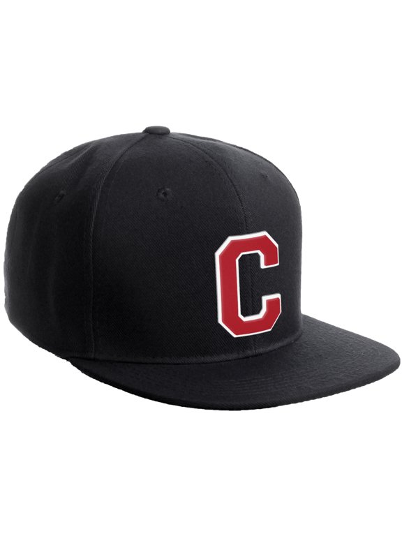 Classic Snapback Hat Custom A to Z Initial Varsity Letters, Black Black Hat White Red Letter C