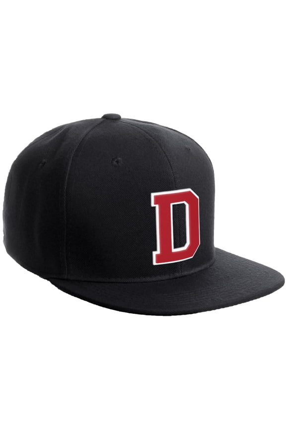 Classic Snapback Hat Custom A to Z Initial Varsity Letters, Black Black Hat White Red Letter D
