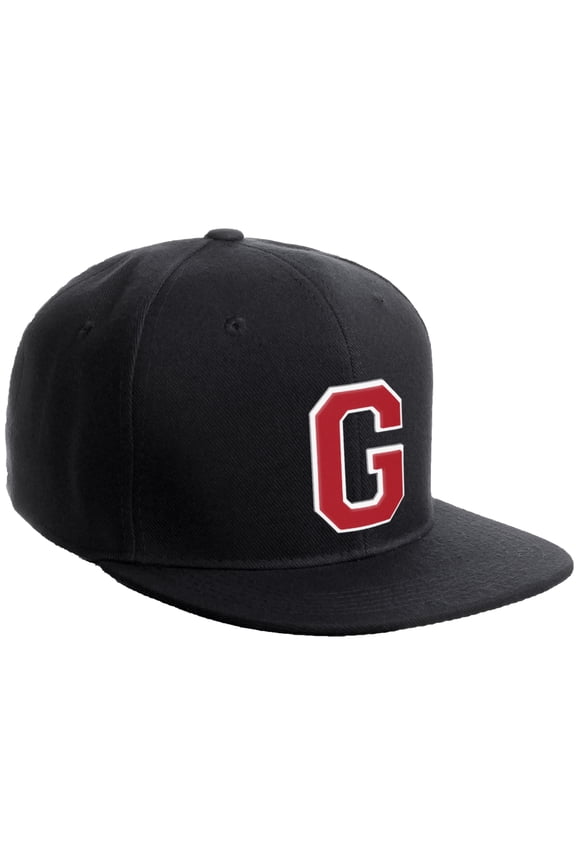 Classic Snapback Hat Custom A to Z Initial Varsity Letters, Black Black Hat White Red Letter G