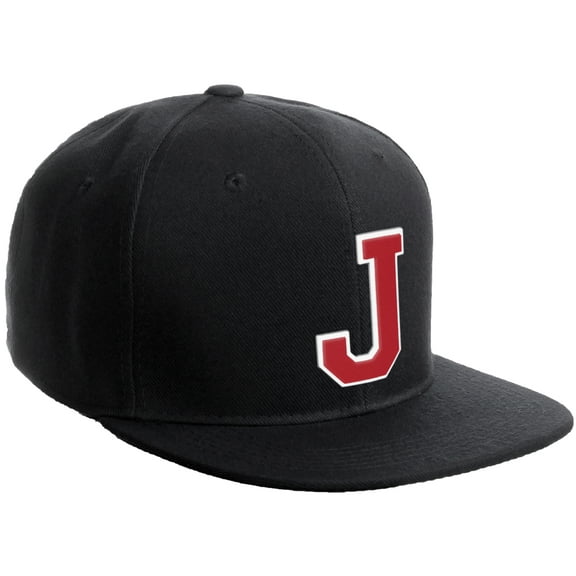 Daxton Classic Snapback Hat Custom A to Z Initial Varsity Letters, Black Black Hat White Red Letter J