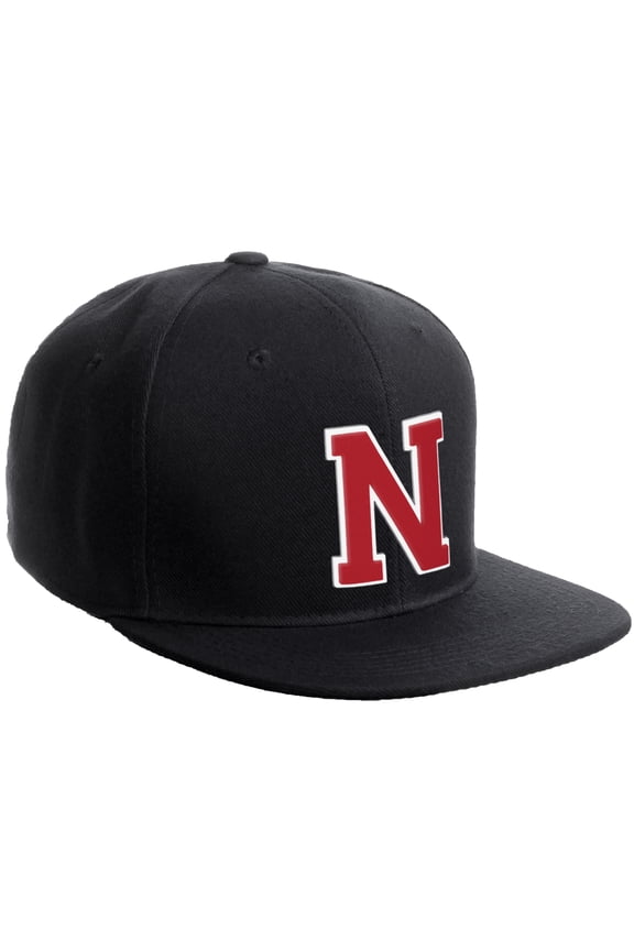 Classic Snapback Hat Custom A to Z Initial Varsity Letters, Black Black Hat White Red Letter N