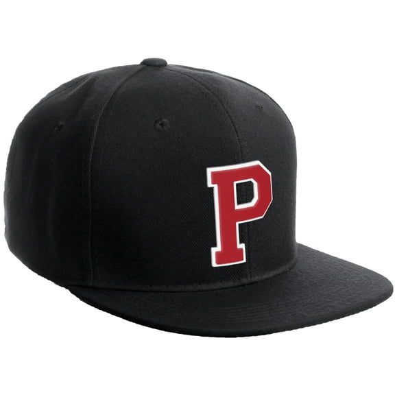Daxton Classic Snapback Hat Custom A to Z Initial Varsity Letters, Black Black Hat White Red Letter P