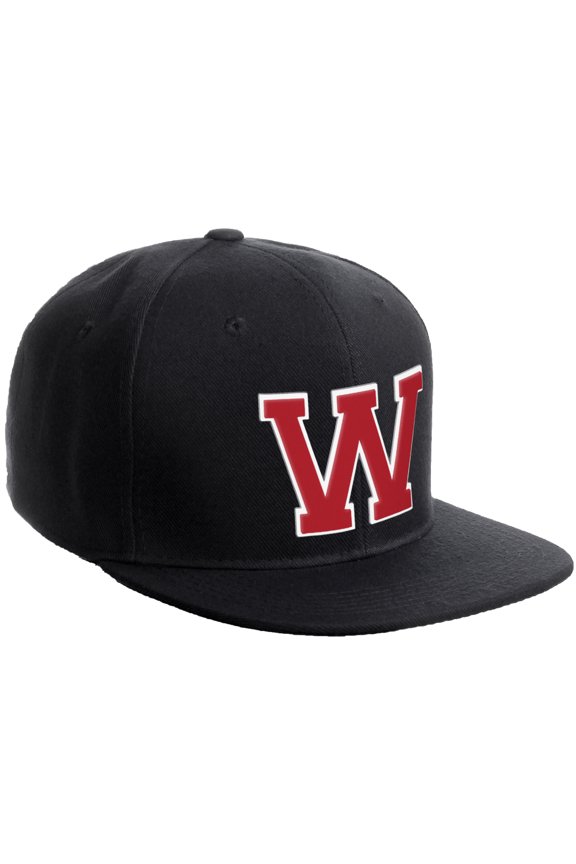 Classic Snapback Hat Custom A to Z Initial Varsity Letters, Black Black Hat White Red Letter W