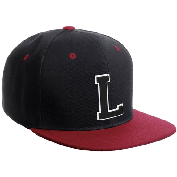Daxton Classic Snapback Hat Custom A to Z Initial Varsity Letters, Black Burgundy Hat White Black Letter L