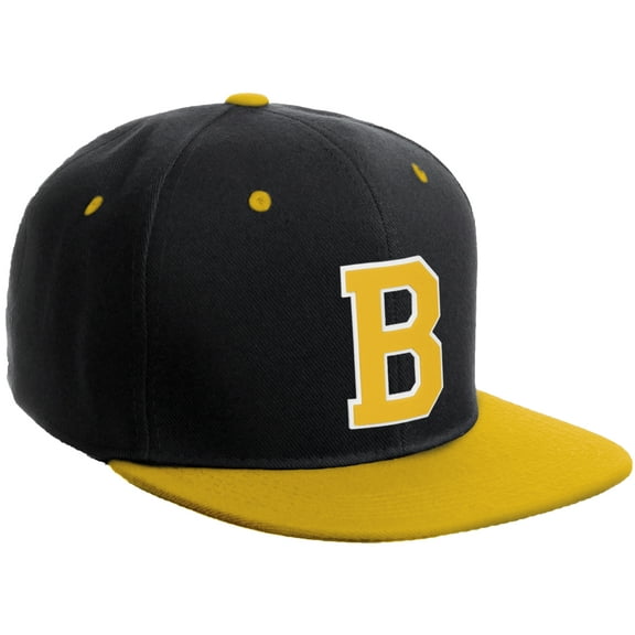 Daxton Classic Snapback Hat Custom A to Z Initial Varsity Letters, Black Gold Hat White Gold Letter B