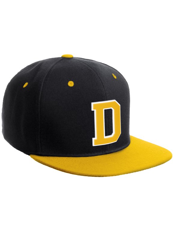 Classic Snapback Hat Custom A to Z Initial Varsity Letters, Black Gold Hat White Gold Letter D