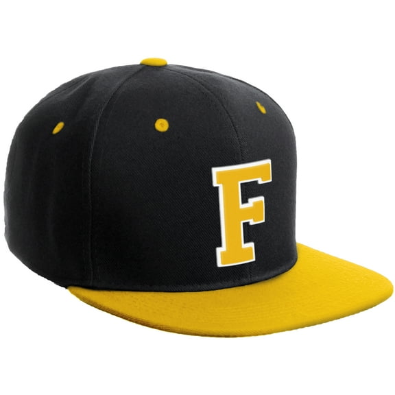 Daxton Classic Snapback Hat Custom A to Z Initial Varsity Letters, Black Gold Hat White Gold Letter F
