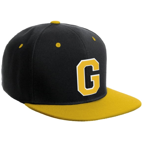 Daxton Classic Snapback Hat Custom A to Z Initial Varsity Letters, Black Gold Hat White Gold Letter G