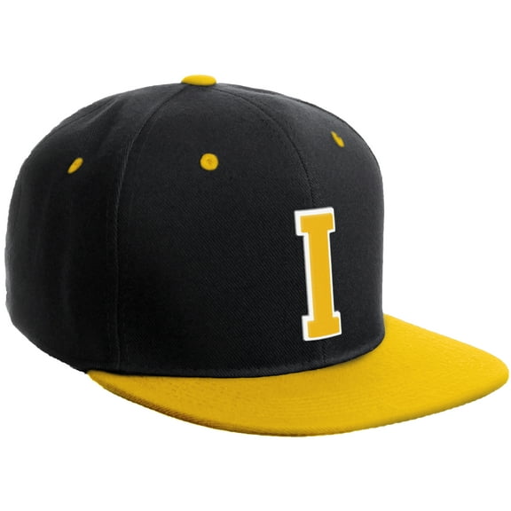 Daxton Classic Snapback Hat Custom A to Z Initial Varsity Letters, Black Gold Hat White Gold Letter I
