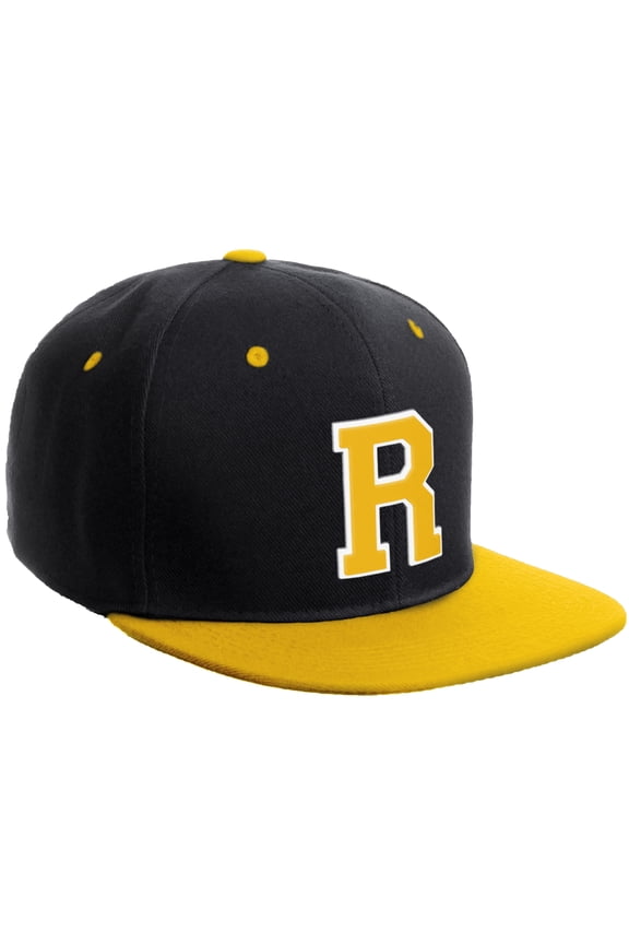 Classic Snapback Hat Custom A to Z Initial Varsity Letters, Black Gold Hat White Gold Letter R