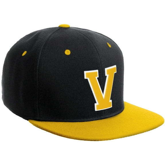 Daxton Classic Snapback Hat Custom A to Z Initial Varsity Letters, Black Gold Hat White Gold Letter V
