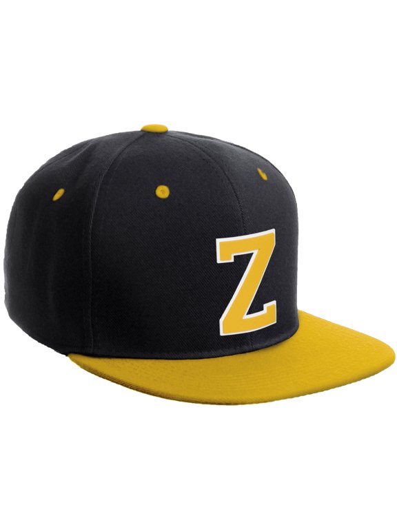 Classic Snapback Hat Custom A to Z Initial Varsity Letters, Black Gold Hat White Gold Letter Z