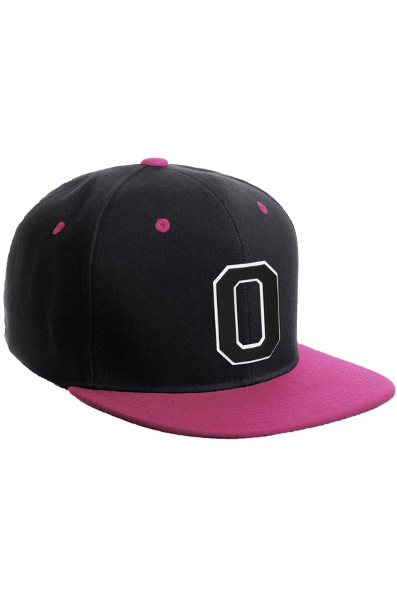 Classic Snapback Hat Custom A to Z Initial Varsity Letters, Black Hot Pink Hat White Black Letter O