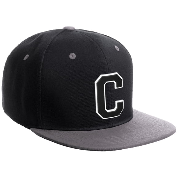 Daxton Classic Snapback Hat Custom A to Z Initial Varsity Letters, Black LGrey Hat White Black Letter C