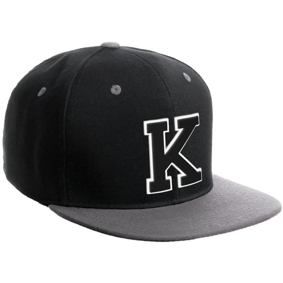 Daxton Classic Snapback Hat Custom A to Z Initial Varsity Letters, Black LGrey Hat White Black Letter K