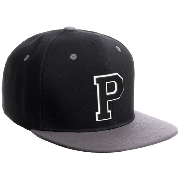 Daxton Classic Snapback Hat Custom A to Z Initial Varsity Letters, Black LGrey Hat White Black Letter P