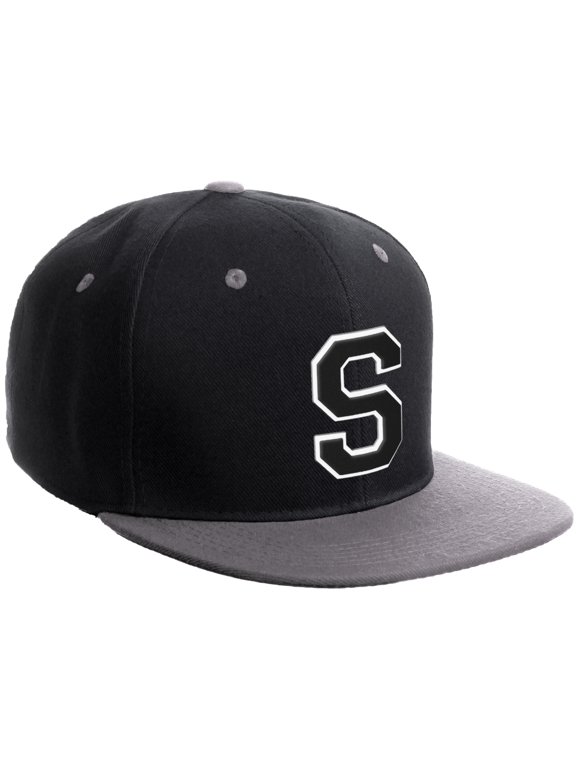 Classic Snapback Hat Custom A to Z Initial Varsity Letters, Black LGrey Hat White Black Letter S