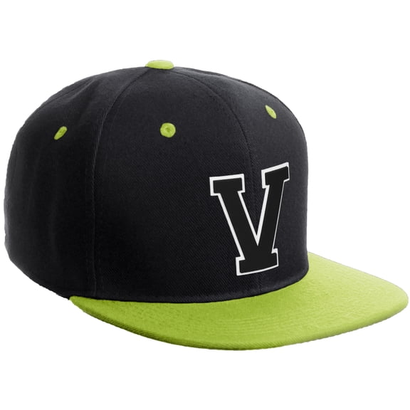 Daxton Classic Snapback Hat Custom A to Z Initial Varsity Letters, Black Lime Hat White Black Letter V